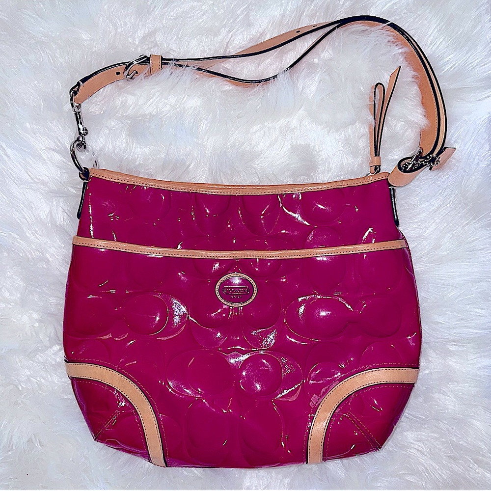 Coach magenta embossed shoulder bag with leather trim